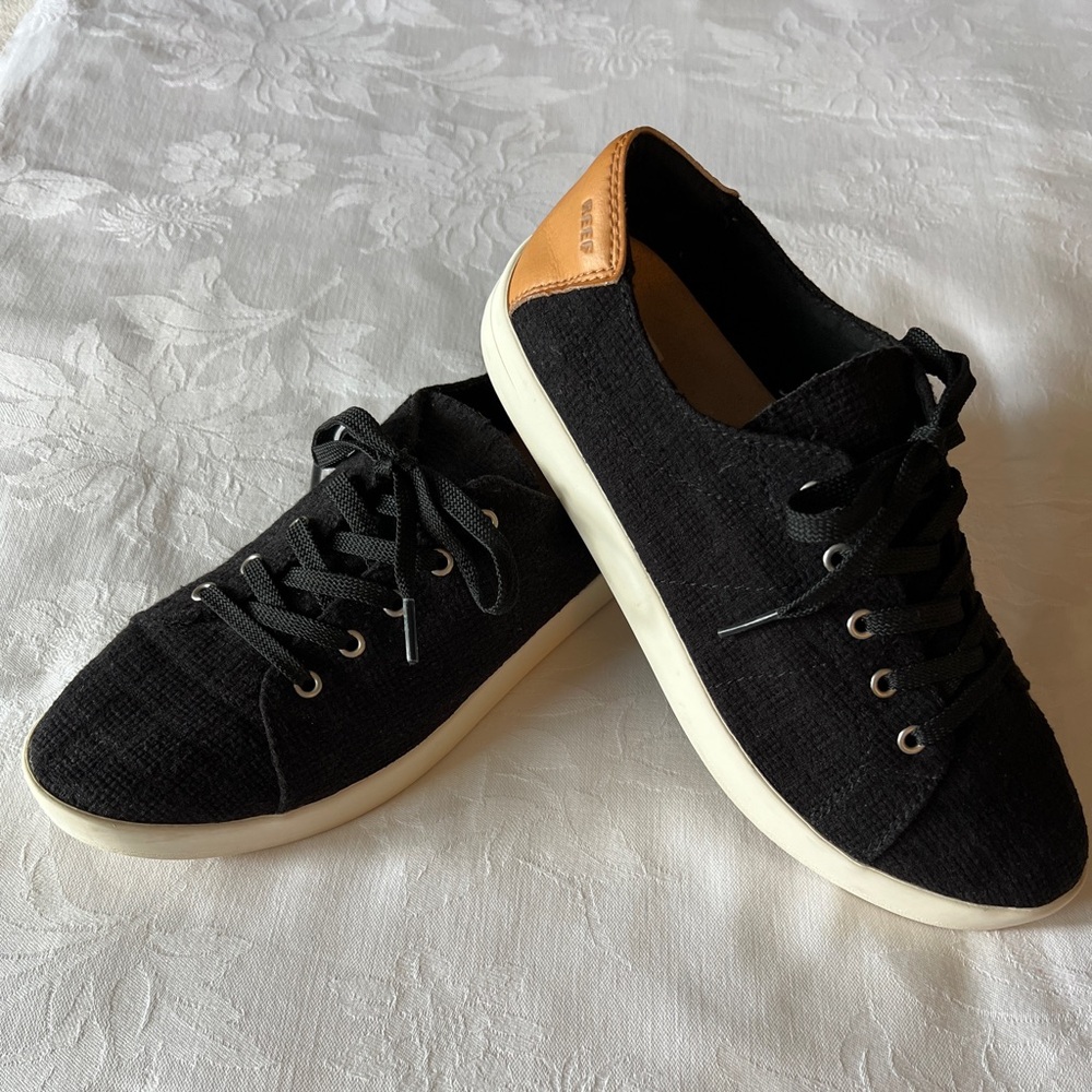 REEF WOMENS CUSHION SUNSET BLACK/BROWN WICKER LACE UP SNEAKERS SIZE 9